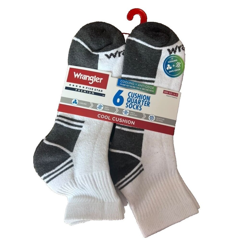 Wrangler Essential Cool Comfort Men’s Quarter Crew Sock, 6-12, White, 6-Pack New